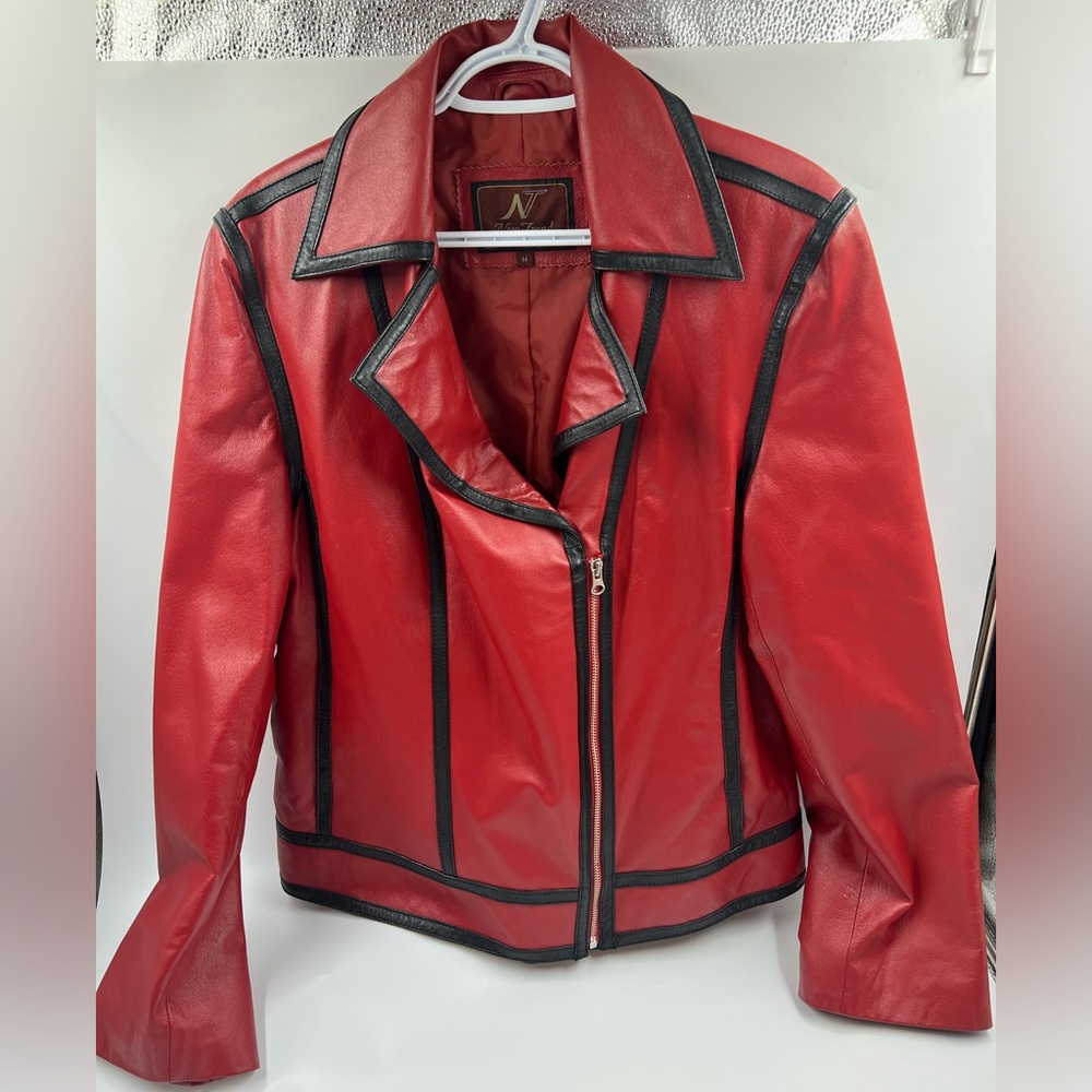 Genuine Red Leather Jacket with Black Accents